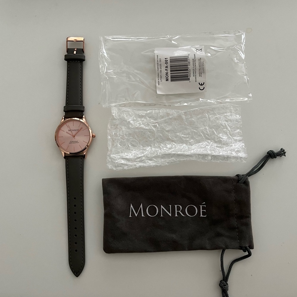 MONROE SOLÉROSE Watch- CHARCOAL LEATHER band, Round Rose Gold Face, NEW